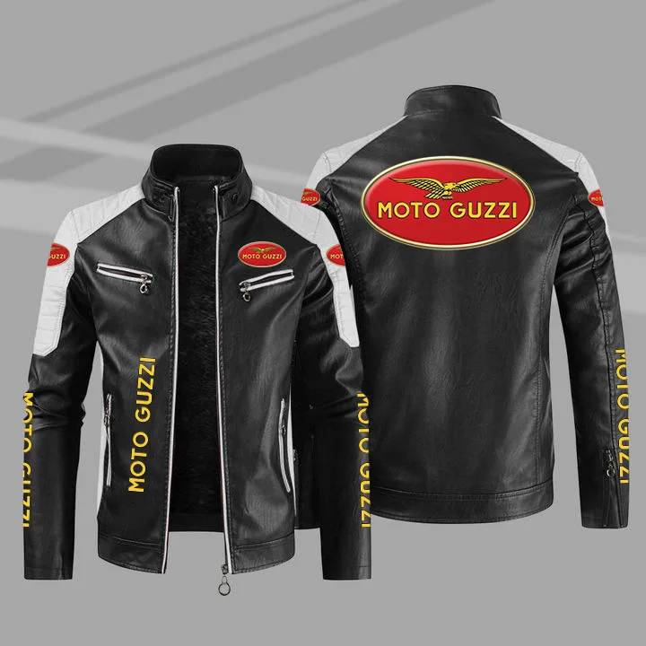 

New Men's PU Leather Winter Moto Guzzi Logo Fashion Motorcycle Bomber Zipper Jacket Outwear Keep Warm Male Coat