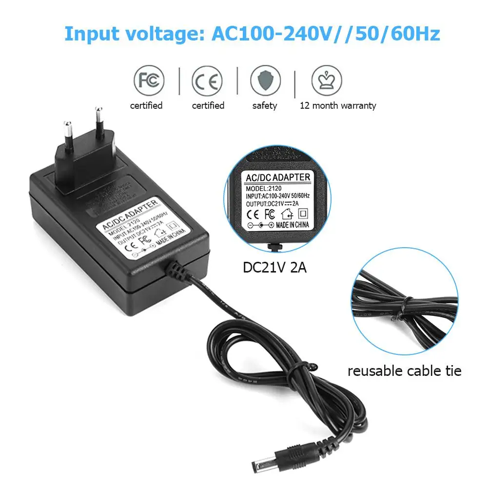 21V 2A 18650 Lithium Battery Charger DC5.5mm US EU Plug Power Adapter Charger for 18490 14650 14514430 Li-ion Battery Pack
21V 2A 18650 Lithium Battery Charger DC5.5mm US EU Plug Power Adapter Charger for 18490 14650 14514430 Li-ion Battery Pack