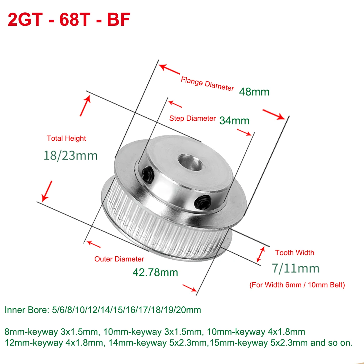 2GT 68T Timing Pulley Bore 5/6/8/10/12/14/15/16mm BF keyway Synchronous Wheel For Width 6/10mm GT2 Timing Belt 3D Printer Parts
2GT 68T Timing Pulley Bore 5/6/8/10/12/14/15/16mm BF keyway Synchronous Wheel For Width 6/10mm GT2 Timing Belt 3D Printer Parts