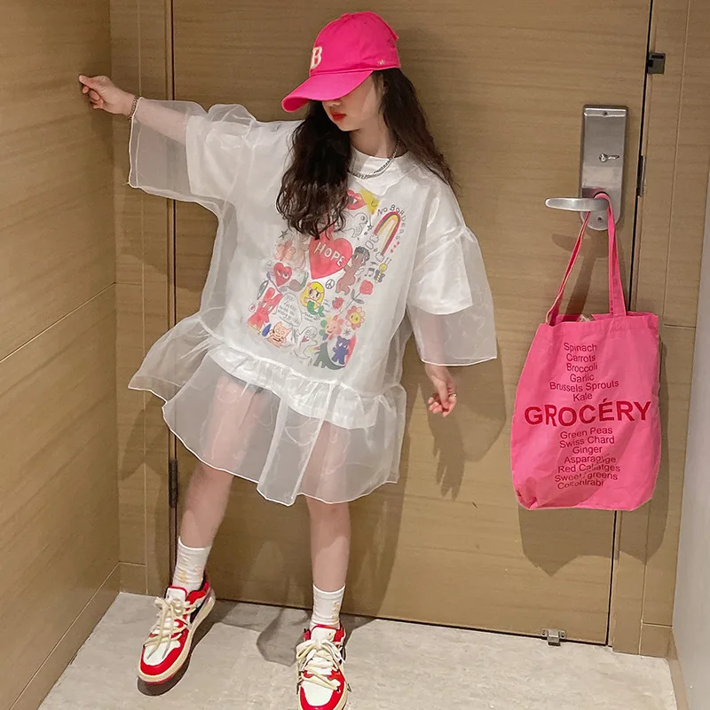 Teens Girl Summer Long T-shirt Funny Cartoon Print 2 pieces Mesh Patchwork Tops 8 10 12 13 14 years old
Teens Girl Summer Long T-shirt Funny Cartoon Print 2 pieces Mesh Patchwork Tops 8 10 12 13 14 years old