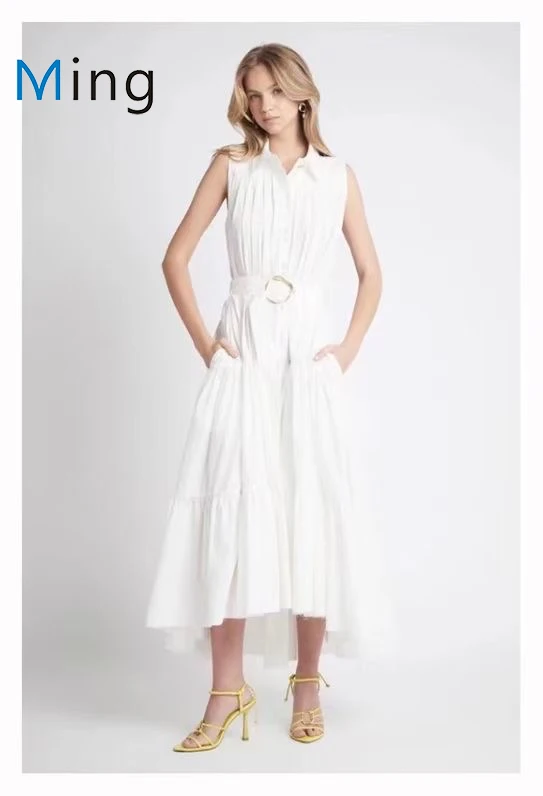 2022 New Polo Collar Sleeveless Pure White Dress Irreguler Cotton Long Dress with Belt
2022 New Polo Collar Sleeveless Pure White Dress Irreguler Cotton Long Dress with Belt
