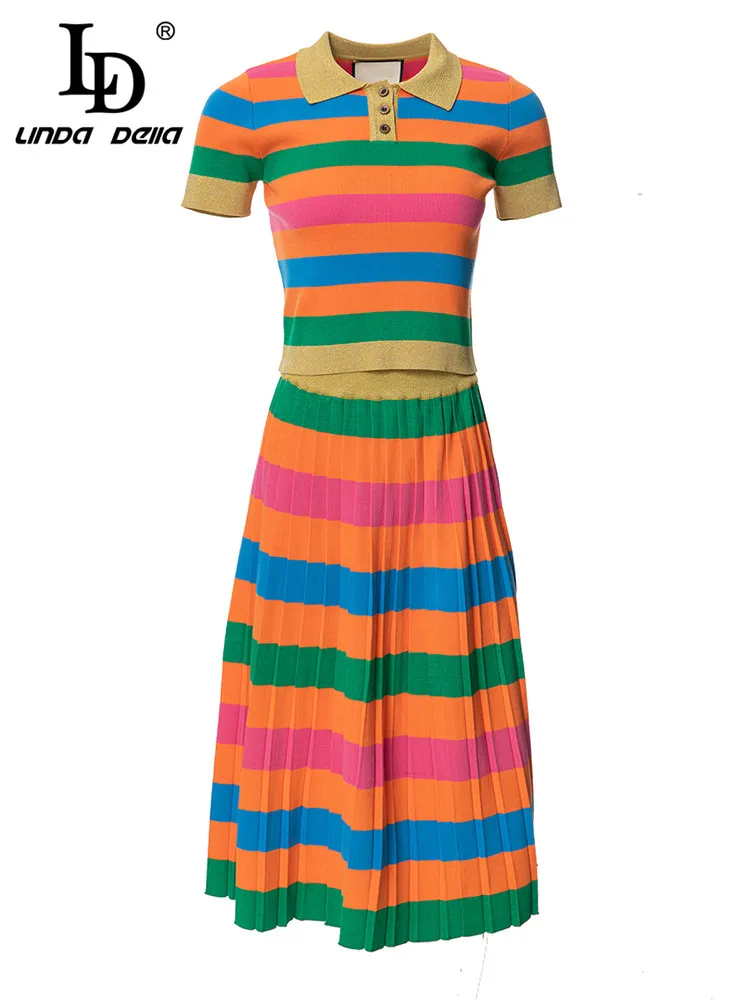 LD LINDA DELL Summer Fashion Designer Multi-Color Striped Suit Women's Lapel Buckle T Shirt + Pleated Long Skirt Two-piece Set
LD LINDA DELL Summer Fashion Designer Multi-Color Striped Suit Women's Lapel Buckle T Shirt + Pleated Long Skirt Two-piece Set