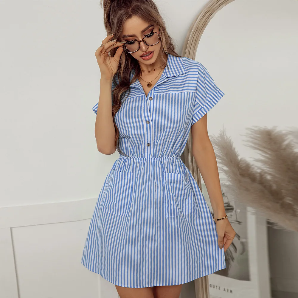 Elegant Office Summer Dress Shirt Blue Stripped Cotton Turn Down Collar Wear to Work Shirt Dresses For Women Casual Mini Dress
Elegant Office Summer Dress Shirt Blue Stripped Cotton Turn Down Collar Wear to Work Shirt Dresses For Women Casual Mini Dress