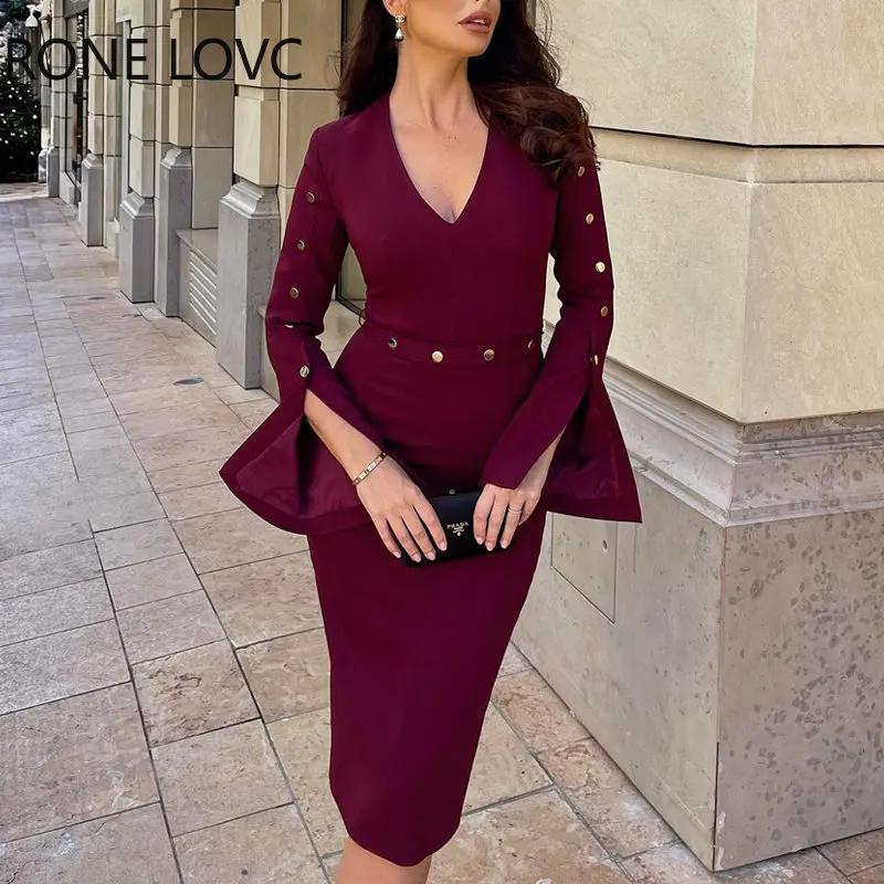 Women Solid Elegant Long Flared Sleeves V Neck with Button Midi Formal Party Bodycon Dresses
Women Solid Elegant Long Flared Sleeves V Neck with Button Midi Formal Party Bodycon Dresses