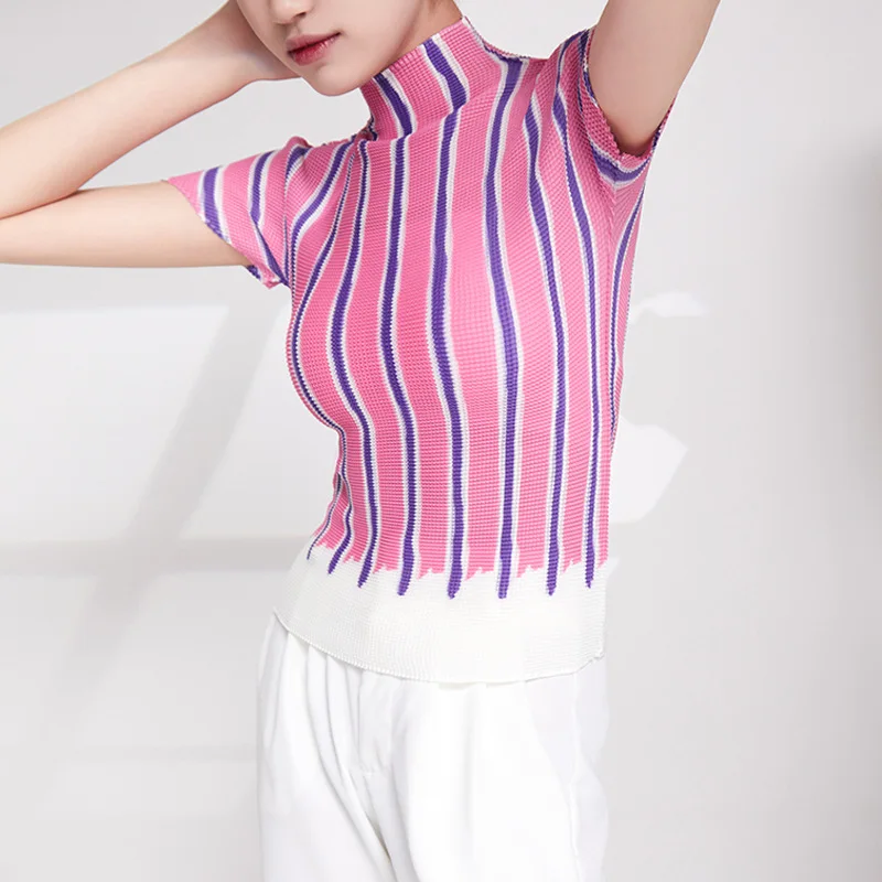 Miyake pleated temperament T-shirt top new high-neck striped design niche pullover shirt commuter short-sleeved
Miyake pleated temperament T-shirt top new high-neck striped design niche pullover shirt commuter short-sleeved