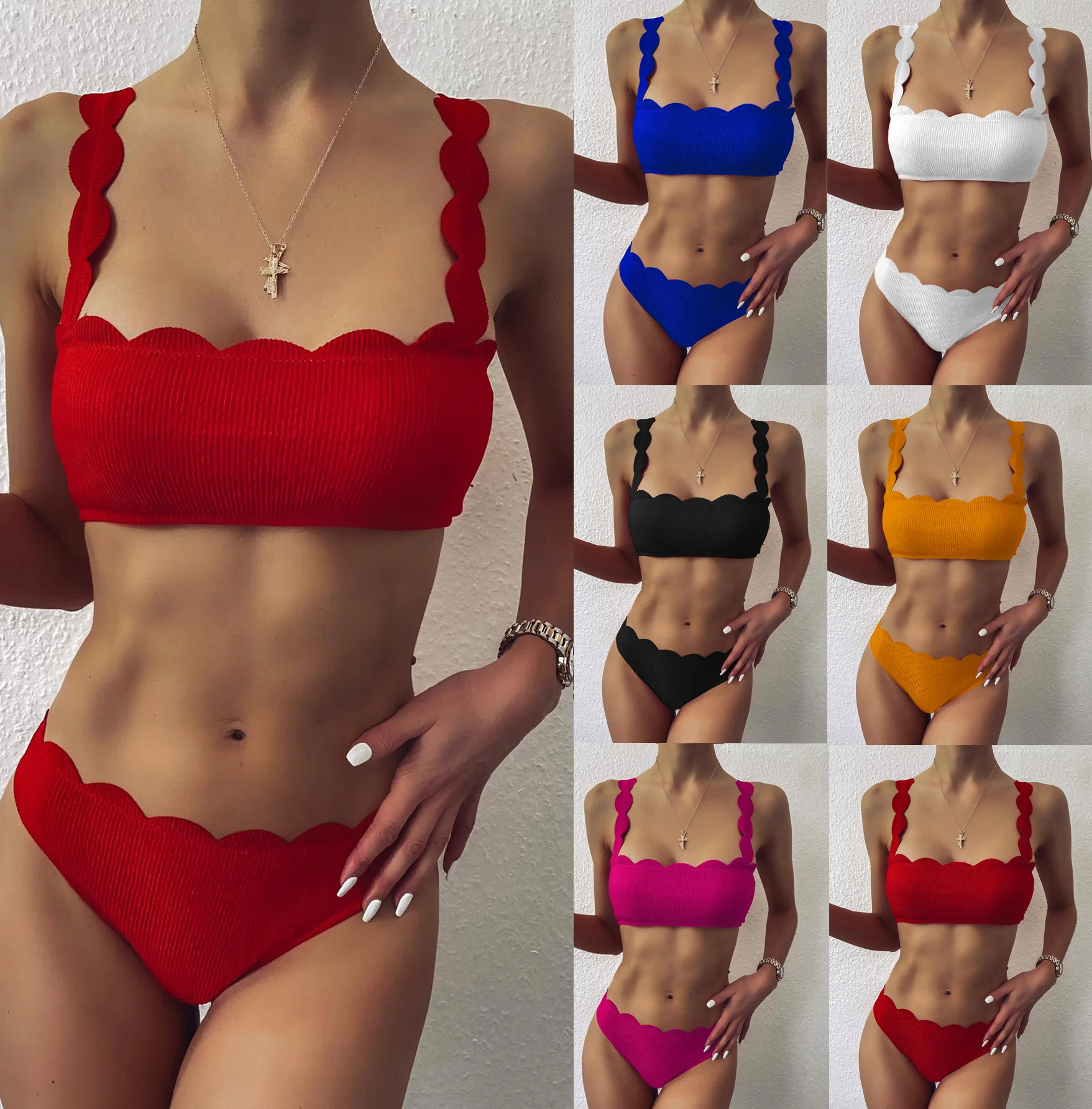 

Push Up Bikinis 2022 Swimsuits Scalloped Edge Swimwear Women Ribbed Bathing Suits Solid Bandeau Biquini Beach Bikini Set