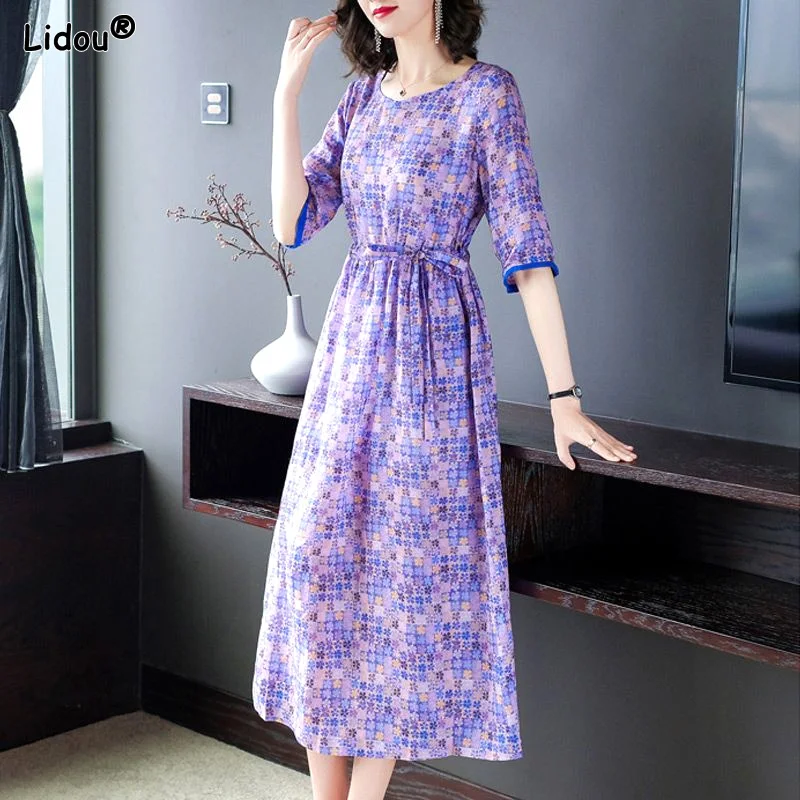 Round Neck Dignified Simplicity Short Sleeve Dresses Printing Pullovers Lacing Office Lady Midi Skirts Summer Women's Clothing
Round Neck Dignified Simplicity Short Sleeve Dresses Printing Pullovers Lacing Office Lady Midi Skirts Summer Women's Clothing