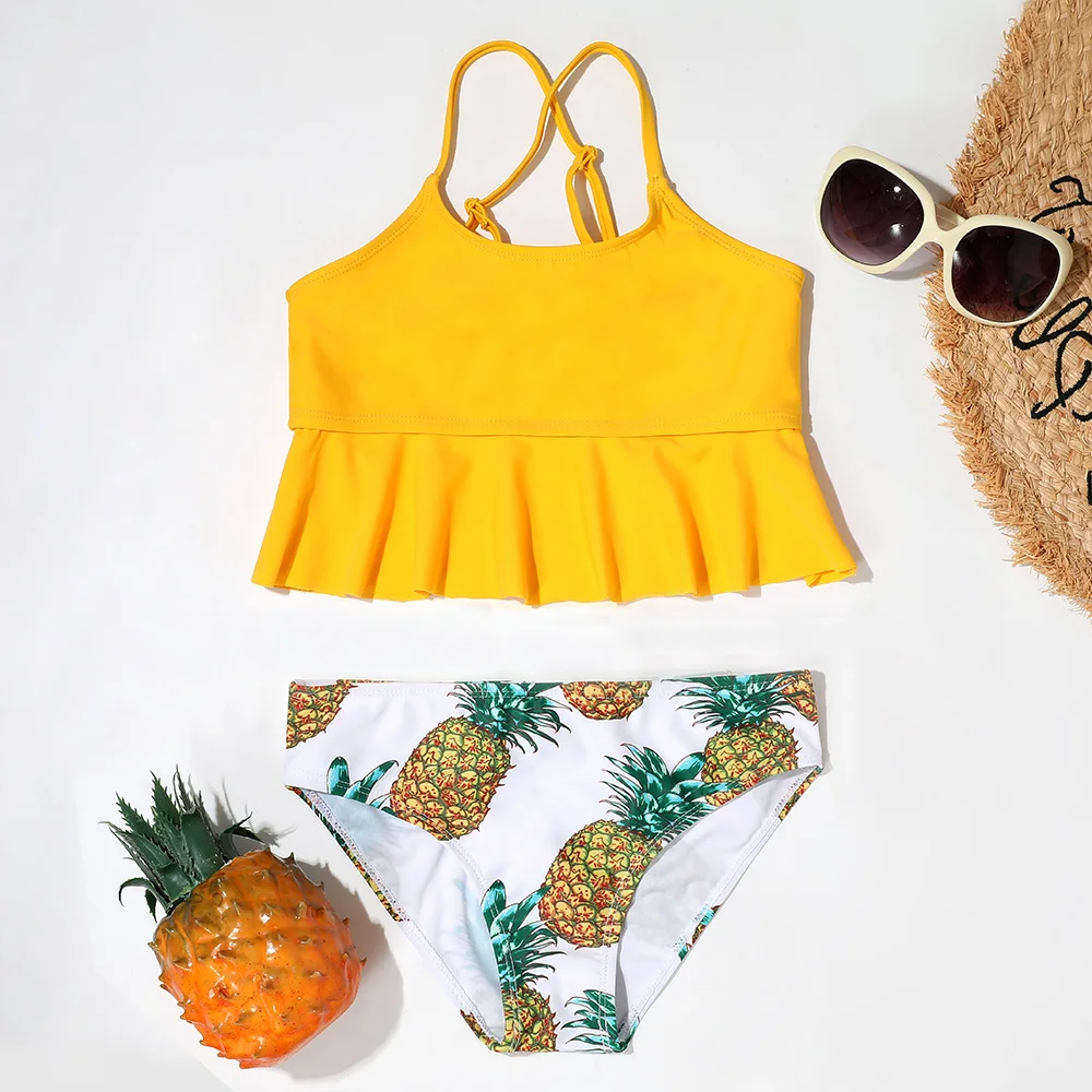 

Girls Pineapple Print Bikini Swimsuit Kids Ruffle Trim Two Piece Children's Swimwear Tankini 5-16 Years Bathing Suit Beachwear