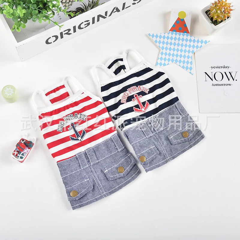 

Dog Pet Clothing Navy Jean Suspender Dress for Dogs Clothes Cat Small Striped Anchor Print Spring Summer Fashion Boy Yorkshire