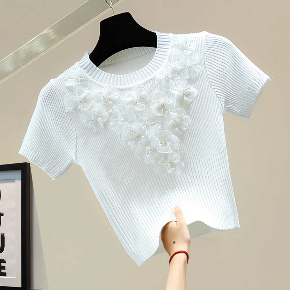 Summer Elegant Beading Lace Flower Short Pullover Fashion Thin Skinny Slim Elastic Knitted Fabric Short Sleeve O-Neck Crop Top
Summer Elegant Beading Lace Flower Short Pullover Fashion Thin Skinny Slim Elastic Knitted Fabric Short Sleeve O-Neck Crop Top