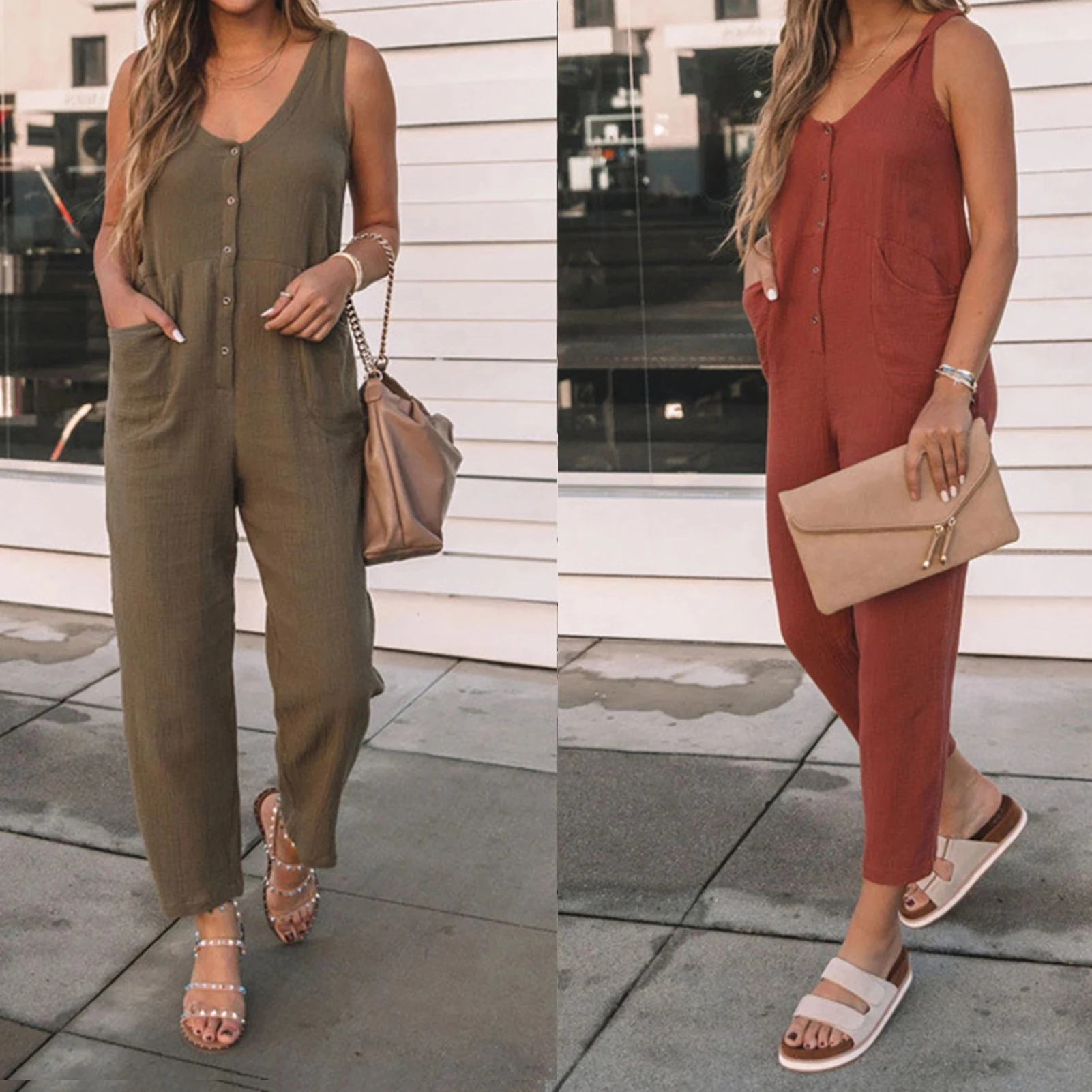 Комбинезоны женские из полиэстера, цельные брюки на пуговицах, с карманами, без рукавов, с завышенной талией, однотонные, размеры s-xxl
Комбинезоны женские из полиэстера, цельные брюки на пуговицах, с карманами, без рукавов, с завышенной талией, однотонные, размеры s-xxl