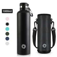 FJbottle 1000ml/35oz Sports Water Bottle With Bag Stainless Steel Tumbler Vacuum Flask With Mountaineering Buckle