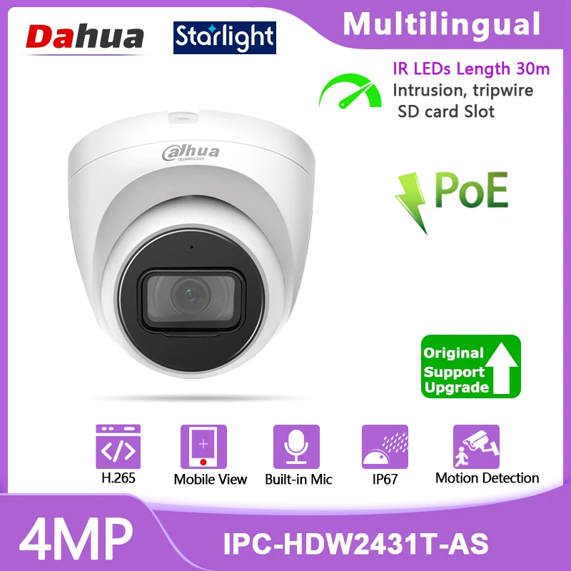 Камера видеонаблюдения Dahua Starlight, 4 МП, встроенный микрофон, веб-камера POE, IP67, слот для SD-карты, H.265, камера видеонаблюдения
Камера видеонаблюдения Dahua Starlight, 4 МП, встроенный микрофон, веб-камера POE, IP67, слот для SD-карты, H.265, камера видеонаблюдения