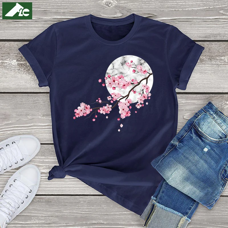 

100% Cotton Unisex Tops Sakura Cherry Blossom Japan's Favorite Flower Sweet Women T Shirt Oversized Graphic Female T Shirt