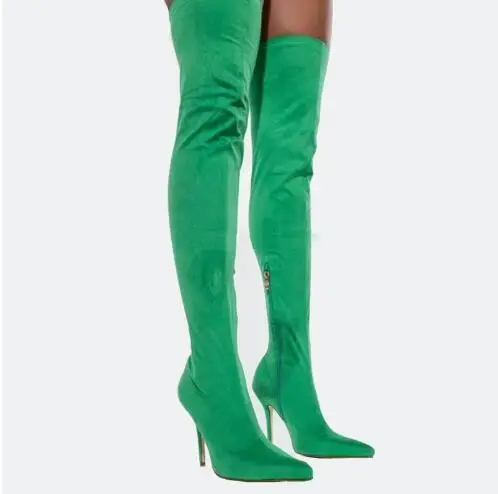 

Spring Woman Green Red Black Khaki Suede Elastic Slim Over The Knee Boots Female Size 48 Thin High Heels Party Thigh Long Botas