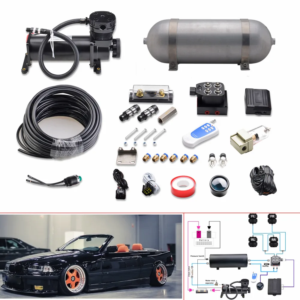 Air Suspension Kit with 4 Gallon Air Tank ,200 PSI Air Compressor ,Dual Air Pressure Gauge ,One Click Down Remote Controller
Air Suspension Kit with 4 Gallon Air Tank ,200 PSI Air Compressor ,Dual Air Pressure Gauge ,One Click Down Remote Controller