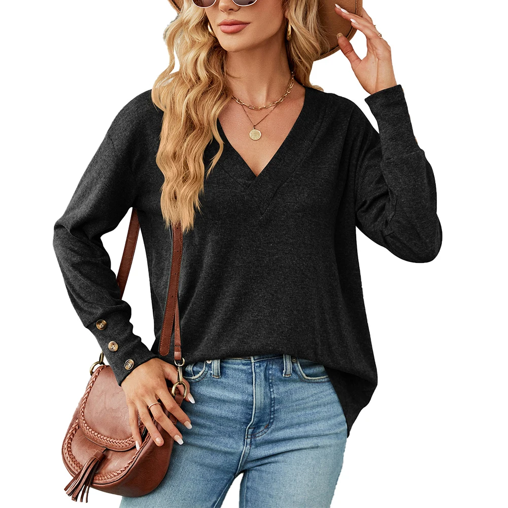 Fashion Women's Basic Solid Color T-shirt Autumn V Neck Button Long Sleeve Loose Pullover T Shirt Tees Top Female Clothing
Fashion Women's Basic Solid Color T-shirt Autumn V Neck Button Long Sleeve Loose Pullover T Shirt Tees Top Female Clothing