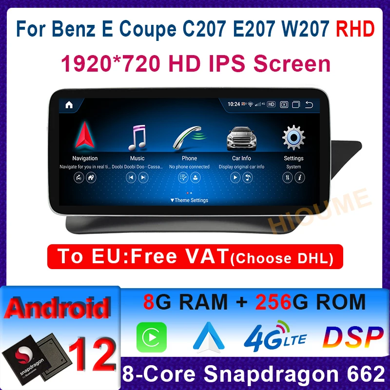 

10.25"/12.5" Snapdragon 8+256G Android 12 Multimedia Player GPS for Mercedes Benz E-Class Two Door Coupe C207 W207 A207 RHD Cars