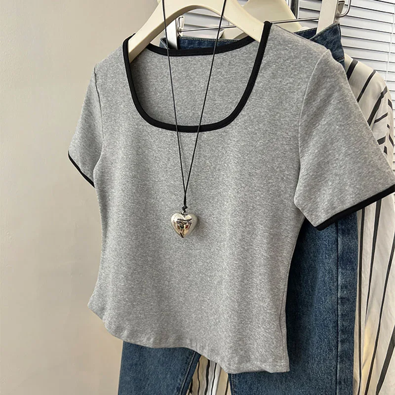 2023 Summer Crop Top Cotton T Shirt Women Short Sleeve Tees Square Collar Slim T Shirts Korean Womens Clothing Tee Shirt Femme 
2023 Summer Crop Top Cotton T Shirt Women Short Sleeve Tees Square Collar Slim T Shirts Korean Womens Clothing Tee Shirt Femme