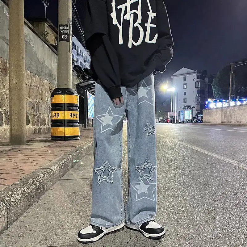 Star embroidered jeans men straight trousers 2022 spring new Korean fashion high street style casual loose wide-leg pants trend
Star embroidered jeans men straight trousers 2022 spring new Korean fashion high street style casual loose wide-leg pants trend