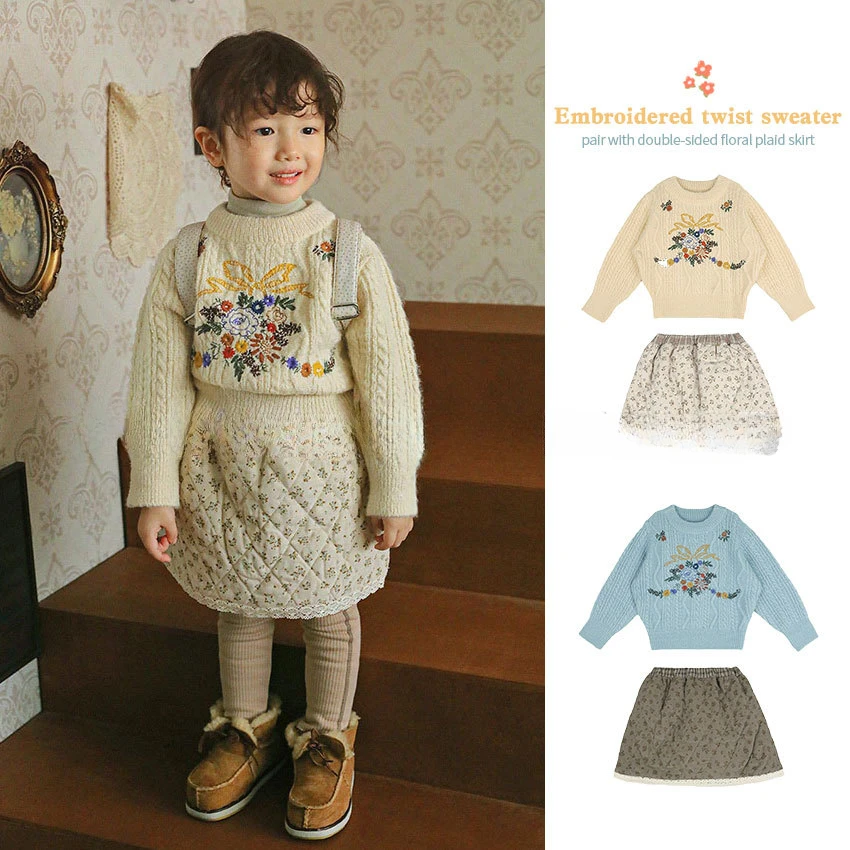 2023 Winter New Kids Girls Clothes Korean Cute Embroidered Sweater Plaid Floral Skirt Baby Girl Outfit Set
2023 Winter New Kids Girls Clothes Korean Cute Embroidered Sweater Plaid Floral Skirt Baby Girl Outfit Set