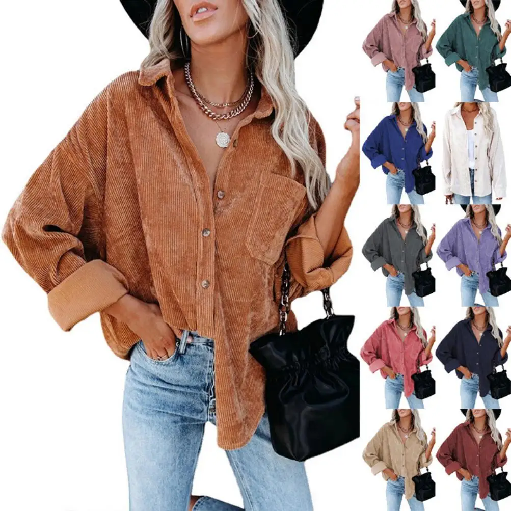 Ladies Shirt Solid Color Long Sleeves Lapel Vertical Stripe Corduroy Cardigan Tops Autumn Winter Daily Casual Coat Women Clothes
Ladies Shirt Solid Color Long Sleeves Lapel Vertical Stripe Corduroy Cardigan Tops Autumn Winter Daily Casual Coat Women Clothes
