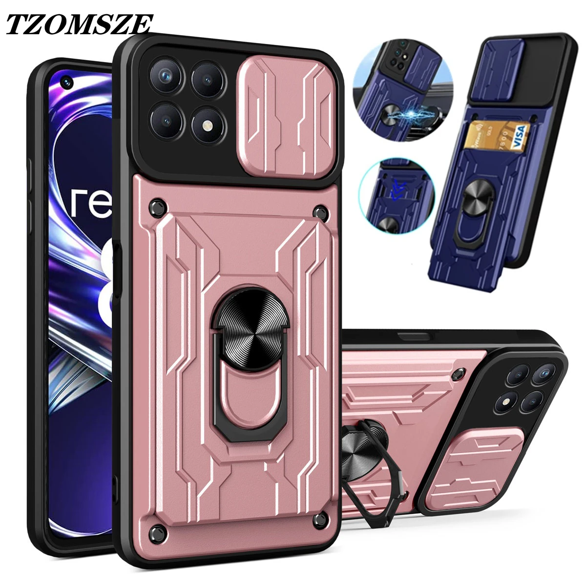 

Phone Case For Realme C35 C31 8i C11 9Pro+ 8 C20 C21 9i Reno 7 Pro Find X5 Lite Magnetic Holder Card Slot Shockproof Armor Cover