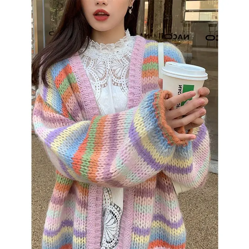 Colorful Striped Sweater Women's Spring And Autumn 2023 New Middle And Long Loose Slouchy Color Contrast Knitted Cardigan
Colorful Striped Sweater Women's Spring And Autumn 2023 New Middle And Long Loose Slouchy Color Contrast Knitted Cardigan