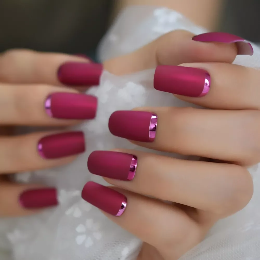 Square Fake Nails Matte Rose Red with Metallic Moo Medium Size Frosted Artificial Acrylic Nail Art Tips with Glue sticker
Square Fake Nails Matte Rose Red with Metallic Moo Medium Size Frosted Artificial Acrylic Nail Art Tips with Glue sticker