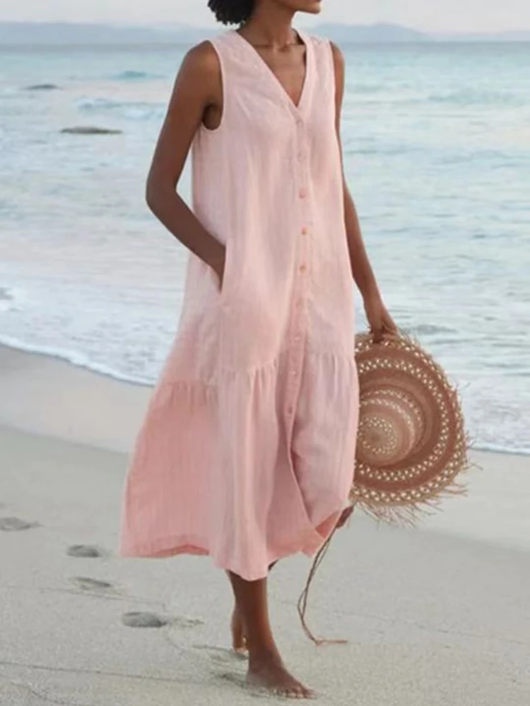 2023 New Women Solid Summer Long Dresses Fashion V Neck Sleeveless Button Up Beach Loose Cotton Linen Dress
2023 New Women Solid Summer Long Dresses Fashion V Neck Sleeveless Button Up Beach Loose Cotton Linen Dress