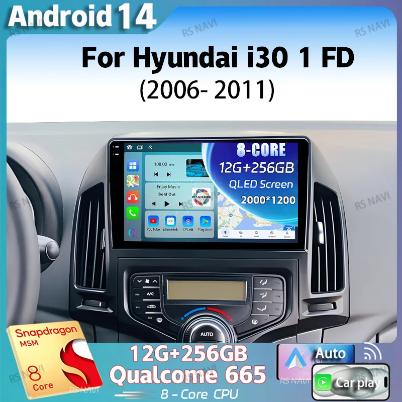 Автомагнитола на Android 14 для Hyundai i30 1 FD 2007 - 2013 2K QLED мультимедийный видеоплеер с GPS