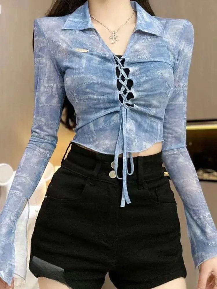 Y2K Tie-dye Crop Top Women See Through Long Sleeve V Neck Blouses Female Korean Hotsweet Lace Up Slim Vintage Shirts Summer
Y2K Tie-dye Crop Top Women See Through Long Sleeve V Neck Blouses Female Korean Hotsweet Lace Up Slim Vintage Shirts Summer