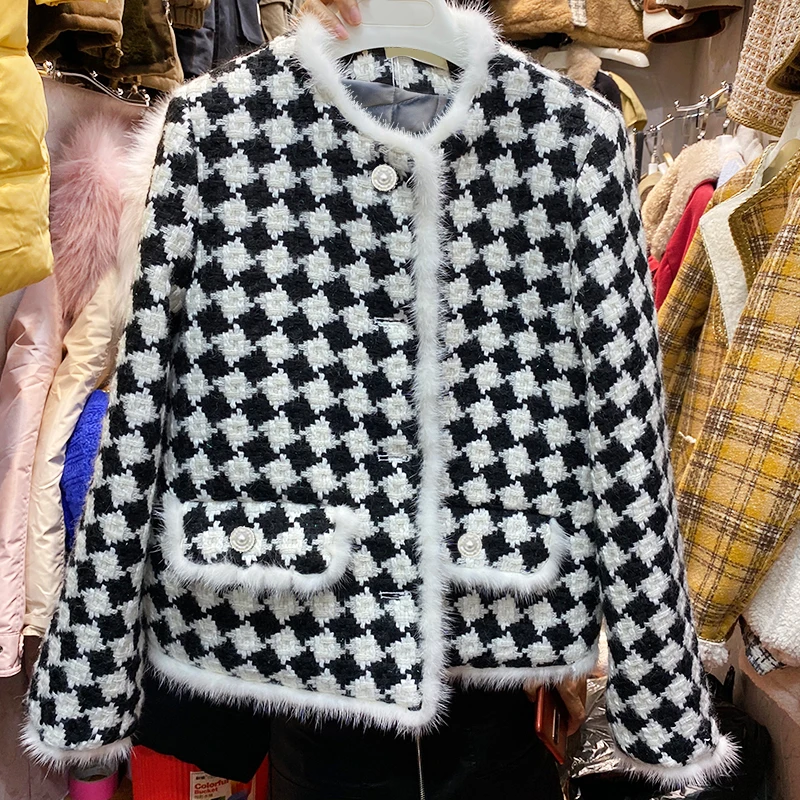 Винтажная Осенняя женская короткая клетчатая куртка в шахматную клетку пальто