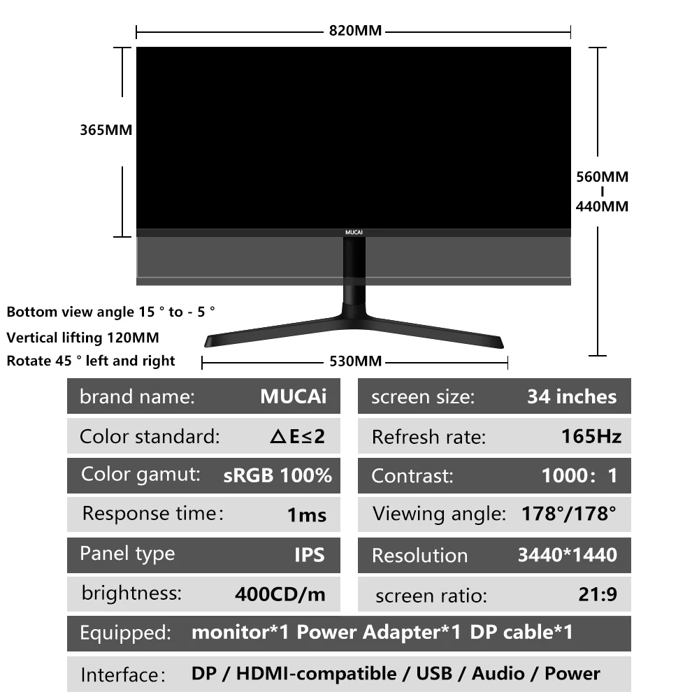 34 дюймовый монитор MUCAI широкий дисплей 144 Гц 21:9 IPS 165 игровой компьютерный экран WQHD