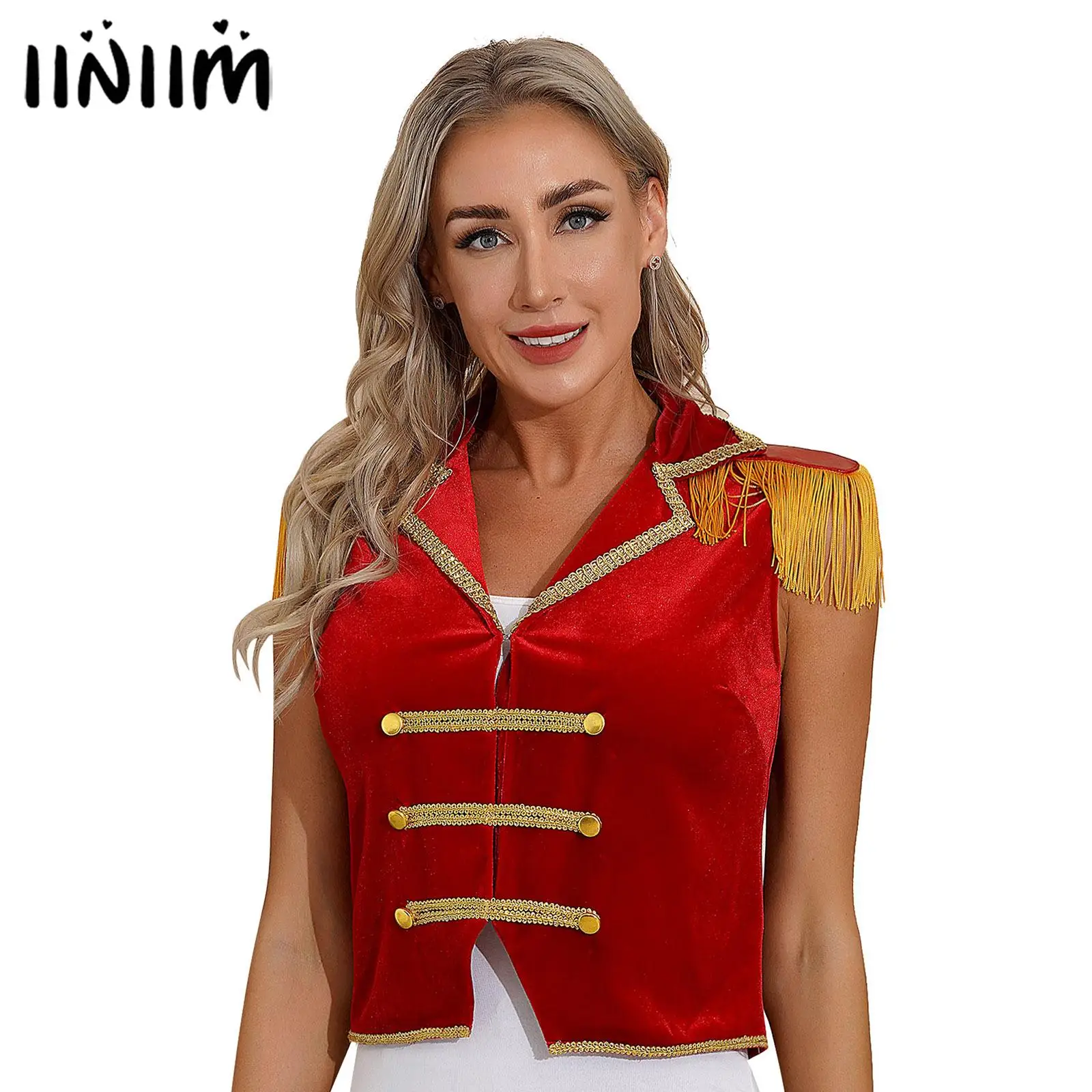 Womens Circus Ringmaster Tops Halloween Cosplay Costume Lapel Sleeveless Tassels Velvet Waistcoat Irregular Hem Button Vest
Womens Circus Ringmaster Tops Halloween Cosplay Costume Lapel Sleeveless Tassels Velvet Waistcoat Irregular Hem Button Vest