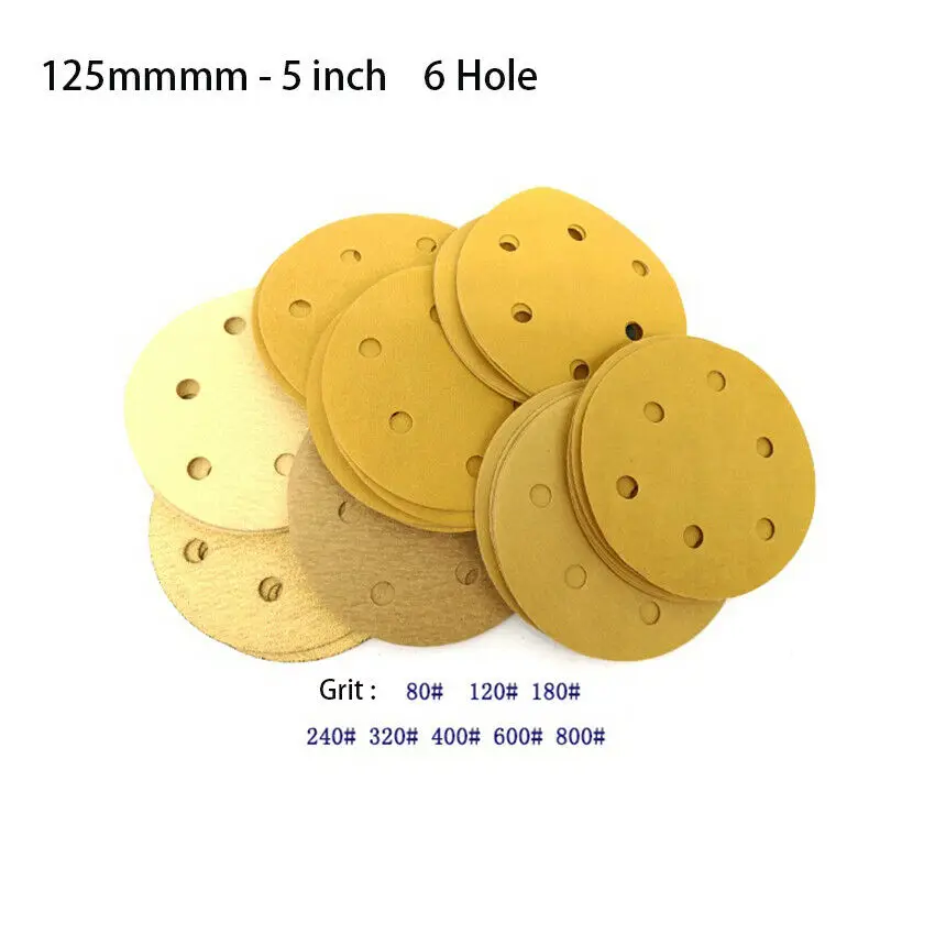 

5 Inch 125mm Self Adhesive Sanding Discs Yellow Aluminum Oxide Dry 6 Hole Orbital Sander Pads Hook & Loop Sandpaper 80-800 Grit