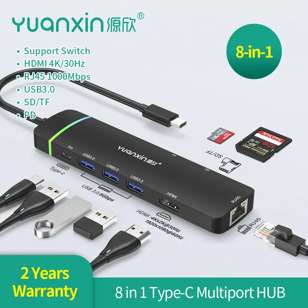 2023New 8 in 1 Type C HUB to HDMI 4K PD 60W SD/TF RJ45 1000Mbps USB3.0 Dock Station Laptop Accessories Adapter for Macbook pro 
2023New 8 in 1 Type C HUB to HDMI 4K PD 60W SD/TF RJ45 1000Mbps USB3.0 Dock Station Laptop Accessories Adapter for Macbook pro