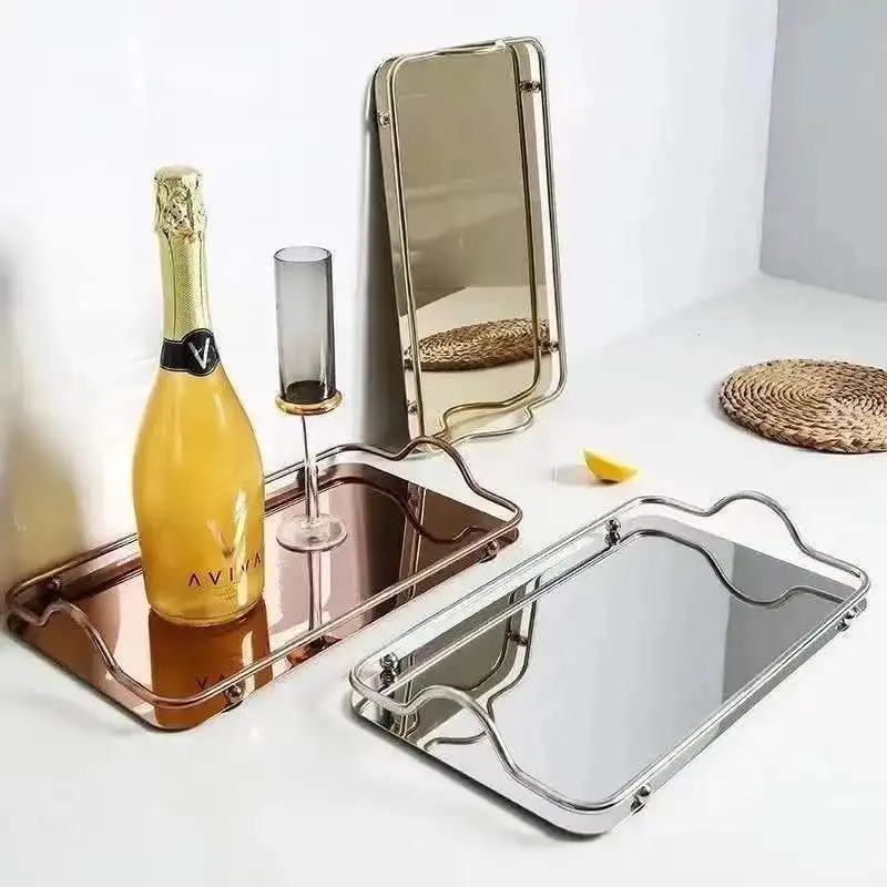 

Прямоугольный декоративный десертный поднос, зеркальные подносы для хранения чая с золотой/серебряной ручкой, стальной кофейный сервировочный столик для торта из нержавеющей стали