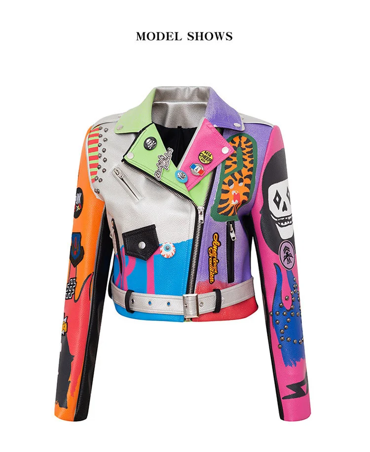 Cropped Leather Jackets Women Colorful Graffiti Studded Coat 2023 Punk Faux Leather Motorcycle Biker Jacket Ladies
Cropped Leather Jackets Women Colorful Graffiti Studded Coat 2023 Punk Faux Leather Motorcycle Biker Jacket Ladies
