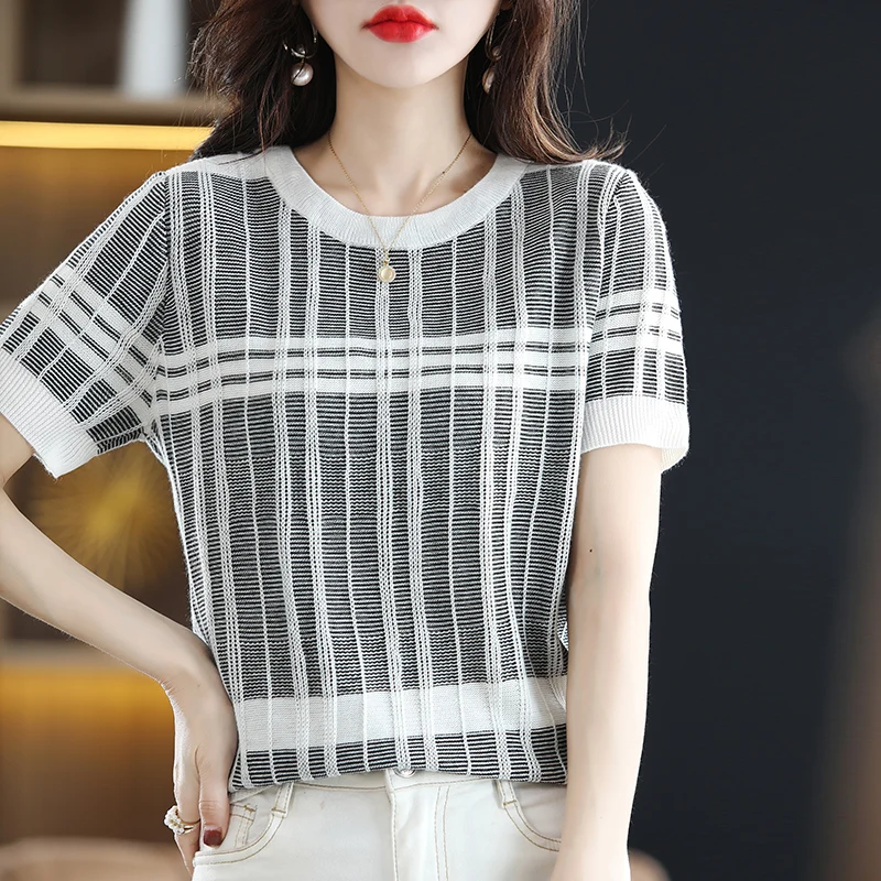 Thin Vest Ladies 100%Wool Short Sleeve T-Shirt New Color Blocking Tops Loose Worsted Half Sleeve Summer Knit Cashmere Base Shirt
Thin Vest Ladies 100%Wool Short Sleeve T-Shirt New Color Blocking Tops Loose Worsted Half Sleeve Summer Knit Cashmere Base Shirt