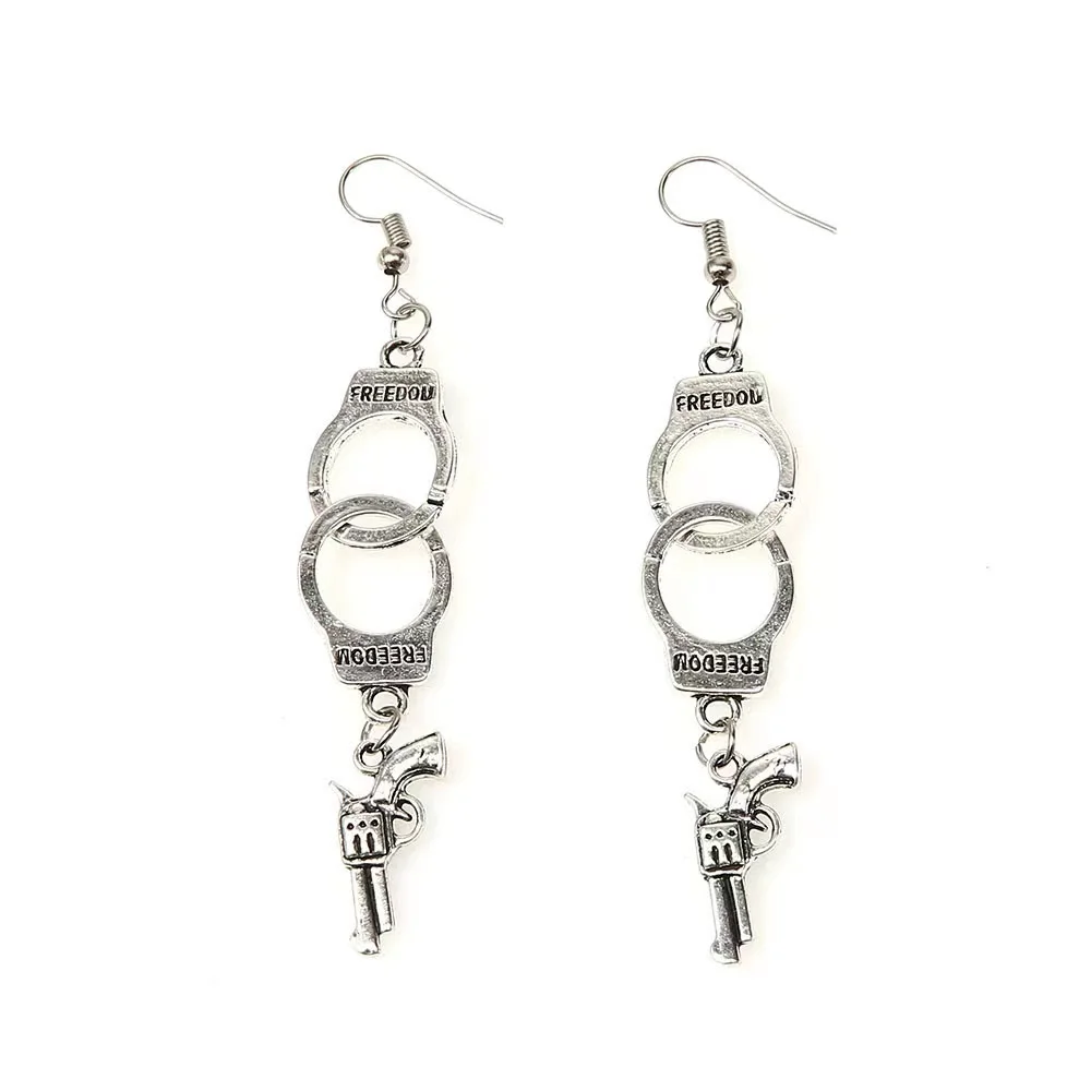 Creative Funny Ancient Silver Color Handcuffs Blade Gun Drop Earring Dangle Earrings Punk Metal Style New Pop Gothic Jewelry
Creative Funny Ancient Silver Color Handcuffs Blade Gun Drop Earring Dangle Earrings Punk Metal Style New Pop Gothic Jewelry