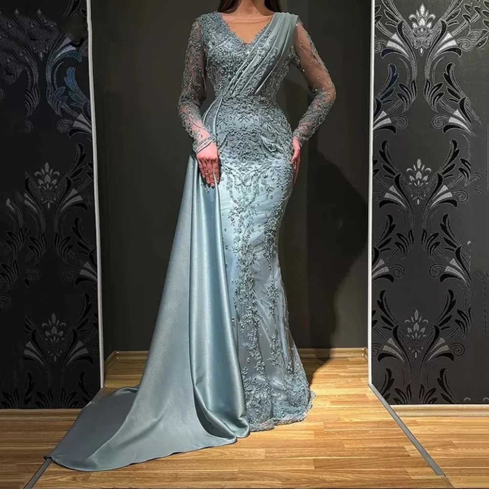 

Long Mermaid Arabic Evening Dresses Lace Sleeves Side Train Beads Gorgeous Formal Prom Gowns Met Gala Night Party Robe