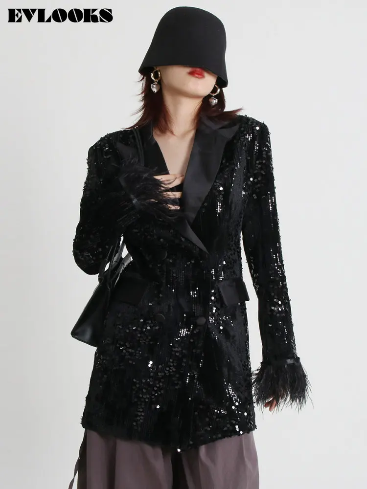 

EVLOOKS Sequins Black Blazer for Women Notched Collar Long Sleeve Patchwork Feathers Cuff Solid Blazers Female Clothing New