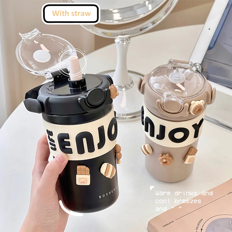 

Cute Stainless Steel Thermos Water Bottle With Straw Handle Portable Vacuum Flask Insulated Thermal Coffee Cup Tumbler 450ml