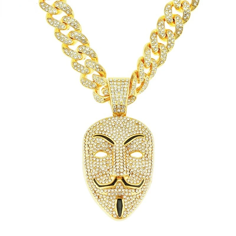 

Men Women Hip Hop Mask Pendant Necklace with 13mm Miami Cuban Chain Iced Out Bling HipHop Necklaces Fashion Charm Jewelry