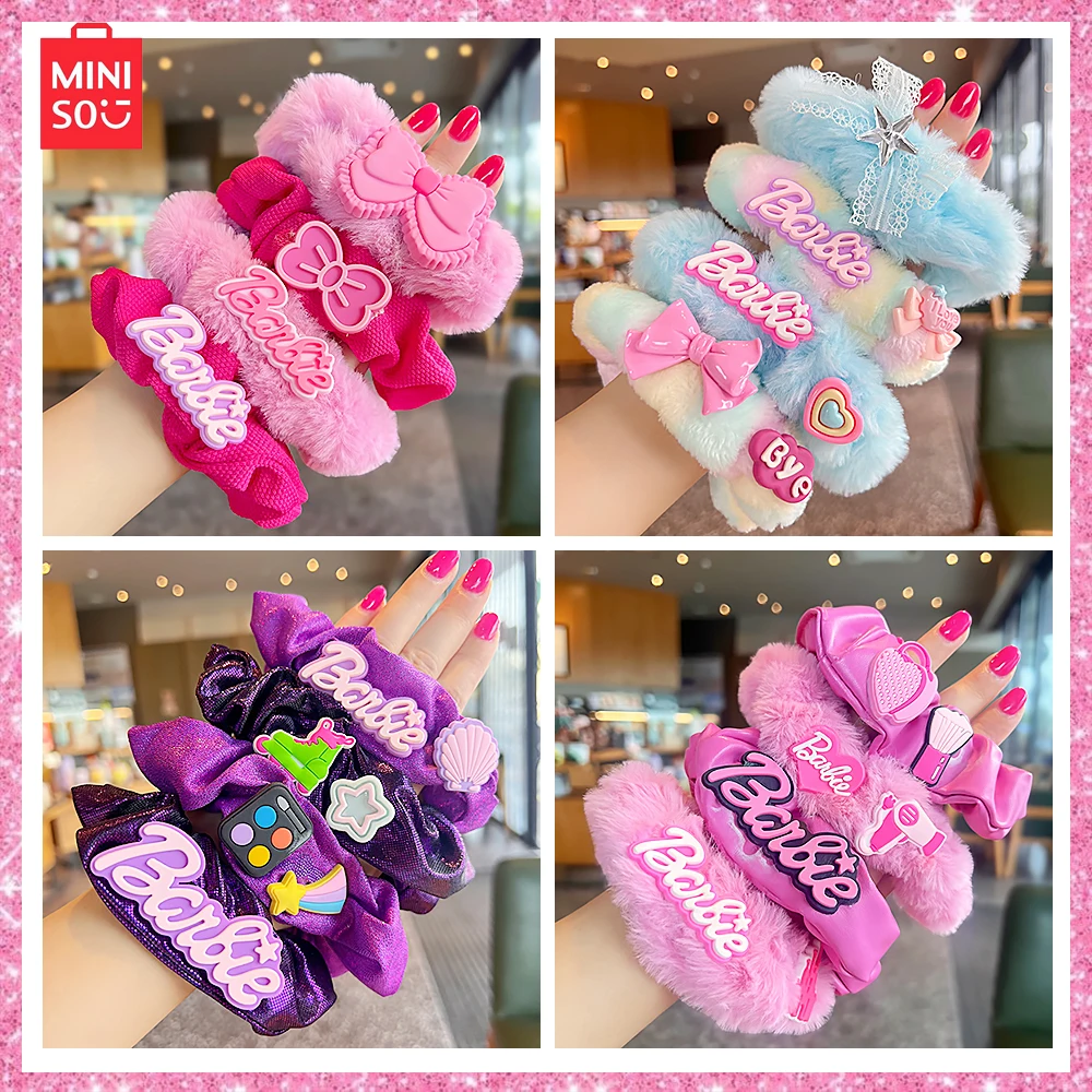 

Miniso Barbie Pink Autumn Winter 4-Pcs Dopamine Colorful Sweet Cool Y2K Girl Large Plush Large Intestine Hair Ring Headwear Gift