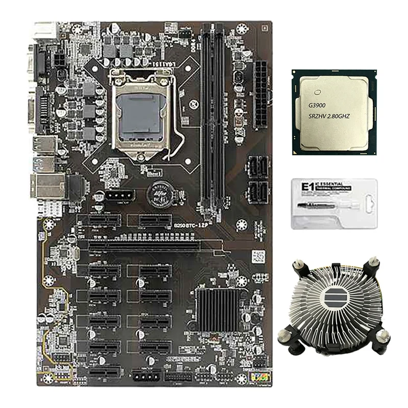 NEW-B250 BTC Mining Motherboard With G3900 CPU+Cooling Fan 12 PCI-E Graphics Card Slot LGA1151 SATA3.0 Support DDR4 Memory
NEW-B250 BTC Mining Motherboard With G3900 CPU+Cooling Fan 12 PCI-E Graphics Card Slot LGA1151 SATA3.0 Support DDR4 Memory