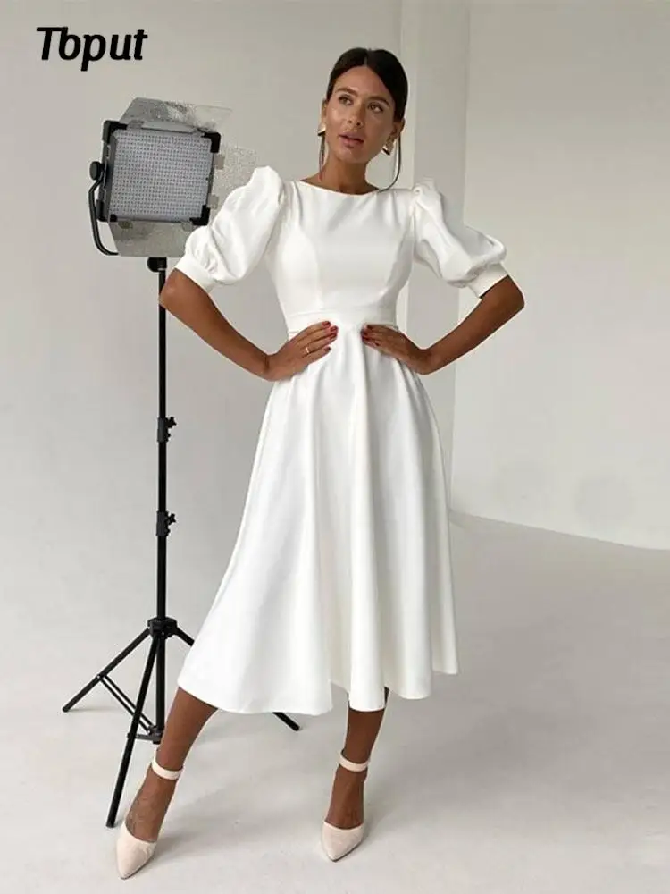 Женское элегантное однотонное платье с открытой спиной, модные женские платья миди с круглым вырезом и коротким рукавом, новинка весны 2023, женские повседневные платья 
Женское элегантное однотонное платье с открытой спиной, модные женские платья миди с круглым вырезом и коротким рукавом, новинка весны 2023, женские повседневные платья