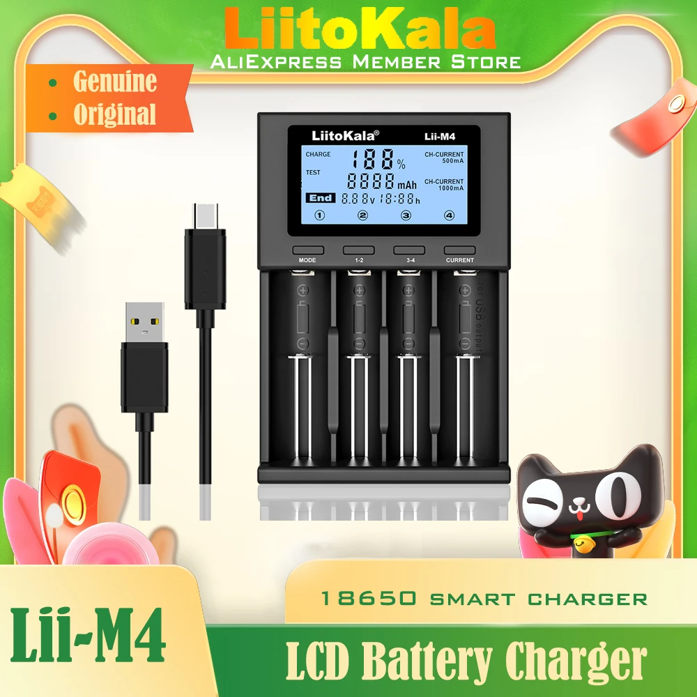 LiitoKala Lii-M4 18650 Charger, LCD Display Universal Smart Charger Test capacity for 26650 18650 21700 18500 AA AAA etc 4slot
LiitoKala Lii-M4 18650 Charger, LCD Display Universal Smart Charger Test capacity for 26650 18650 21700 18500 AA AAA etc 4slot