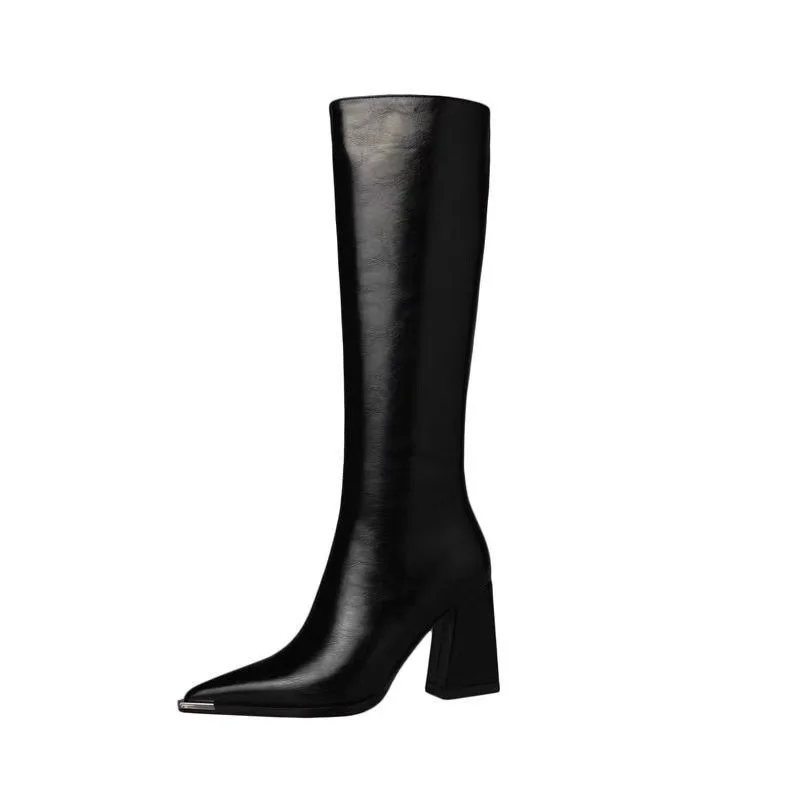 

(YYDD) бренд, натуральная кожа, металлический плотный носок, Крутые Девушки, черные, Коричневые Высокие каблуки, женские ботинки, женская обувь
